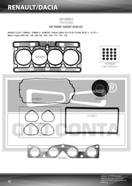 ÜST TAKIM CONTA SKC Lİ CLIO II 98> KANGOO 01> TWINGO 1.2 16V D4F