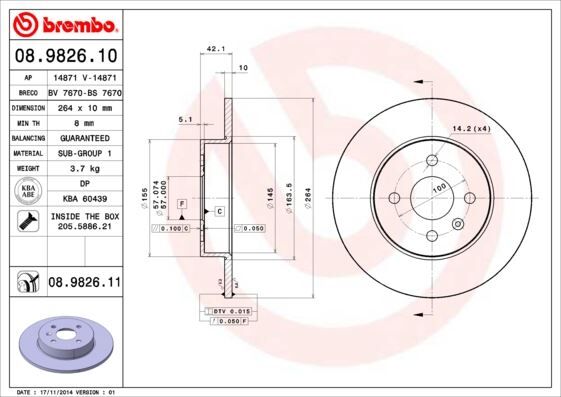 ARKA FREN AYNASI ASTRA H L67 04>14 COMBO C 01>11 MERIVA A 03>10 264x10x4DL DOLU