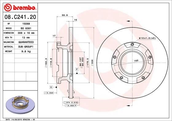 ARKA FREN DISK AYNASI TRANSIT CUSTOM V362 12> ABS LI O.CEKER CAP 308 16 ORD TRANSIT CUSTOM V362 Van FY. FZ 09/12-> / FORD TRANSIT V363 Bus FAD. FBD 08/13-> / FORD TRANS