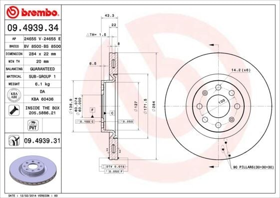 ÖN FREN AYNASI CORSA D 07> CORSA E 14> ADAM 13> PUNTO EVO-GRANDE PUNTO 05> 284x22x6DLxHAVALI 15 İNÇ 55702646