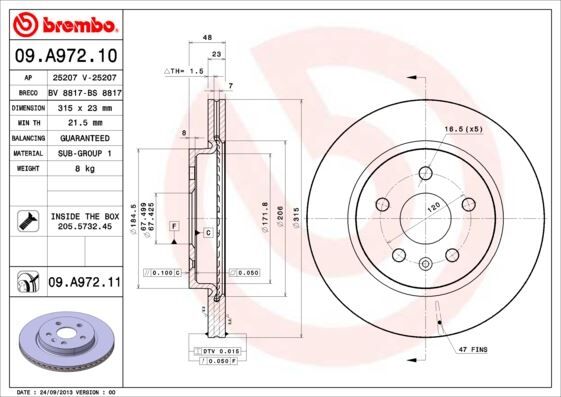 ARKA FREN AYNASI INSIGNIA A 08> SAAB 9-5 YS3G 10> 17 JANT-18 JANT 315x22.9x5DLxHAVALI