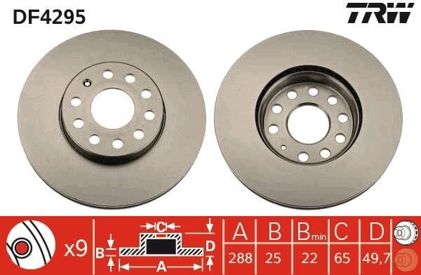 FREN DİSKİ ÖN VW CADDY-PASSAT-GOLF 5/6/7- SKODA OCTAVIA FORD CONNECT 23> ÇAP: 288mm. KALINLIK: 25mm Delik: 9